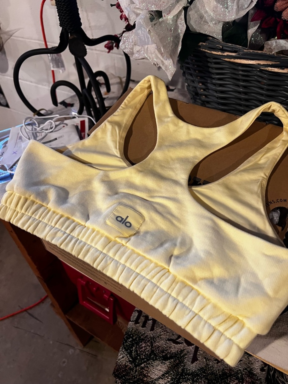 NWOT ALO Yoga Pale Yellow Racerback Bra—sweatshirt material and band, size L - Picture 2 of 4
